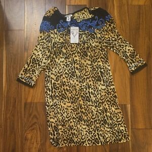Animal Print Shift Dress with Blue Embellished Yoke